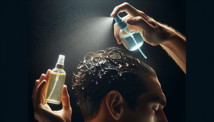 Person massaging apple cider vinegar into scalp with spray bottle and cotton pad for healthy hair.
