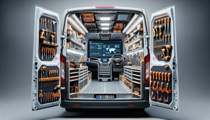 Tool Storage Ideas for Clearance Teams: Modern van interior with custom shelving, neatly organizing tools for optimal space and accessibility.