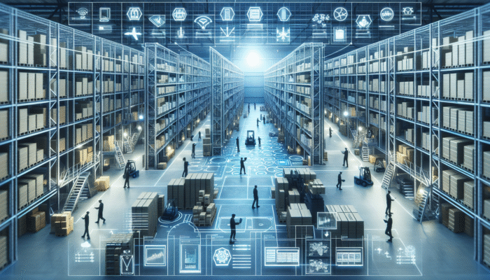 A modern warehouse with organized storage units and workers using technology for inventory management.