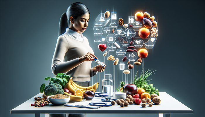 Person arranging cholesterol test kit with healthy foods on a modern table, symbolizing health preparation.