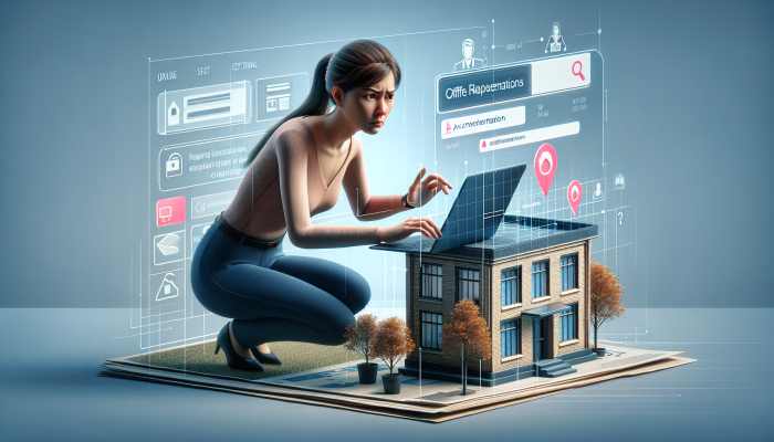 How to Avoid Debt Consolidation Scams: A UK Guide | DCL A person skeptically verifying a company's address and phone number on a laptop, with virtual and real office settings.