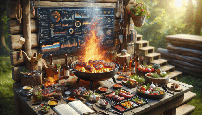 A variety of grills and cooking tools arranged around a vibrant open fire for enhanced outdoor cooking.