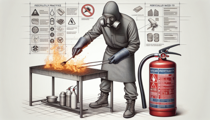Person in heat-resistant gloves and long-sleeved shirt cooking over open fire, with nearby grease fire extinguisher and closed-toe shoes.