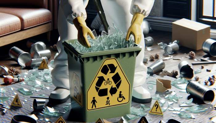 Person in gloves placing broken glass into labeled recycling container, safety posters in background.