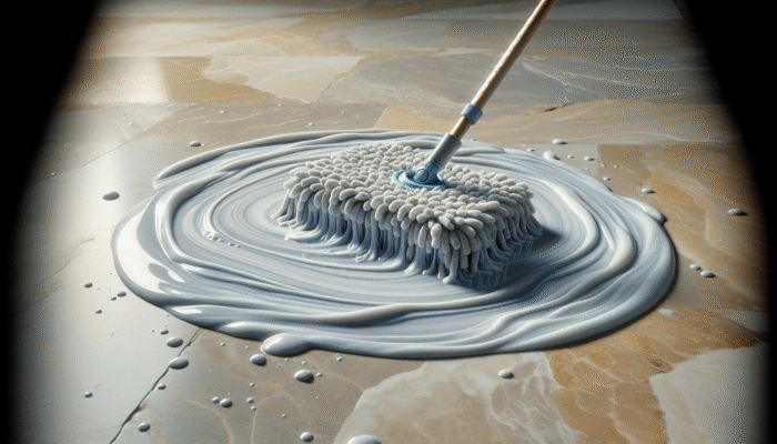 A soft mop cleaning a limestone floor with a homemade solution of warm water and mild dish soap.