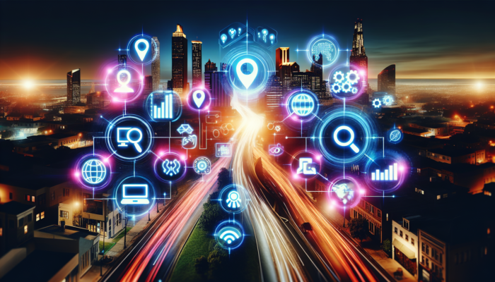 A vibrant digital interface of Google My Business tools with icons for search, maps, local SEO, customer reviews, and analytics charts against a bustling cityscape.
