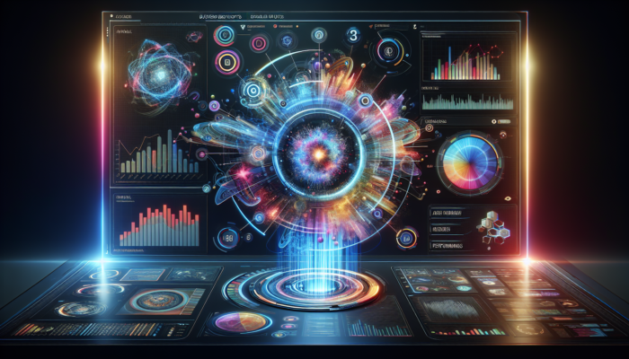 Futuristic dashboard with Google Business Insights logo, vibrant graphs, and glowing data streams.
