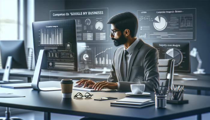 A business professional analyzing competitor Google My Business profiles on a computer, with graphs and keywords, in a modern office.