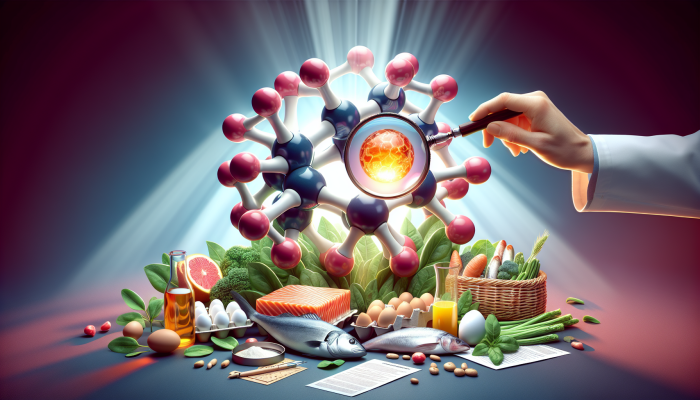 Illustration of magnifying glass on Vitamin B12 molecule with healthy foods, emphasizing B12 testing importance.