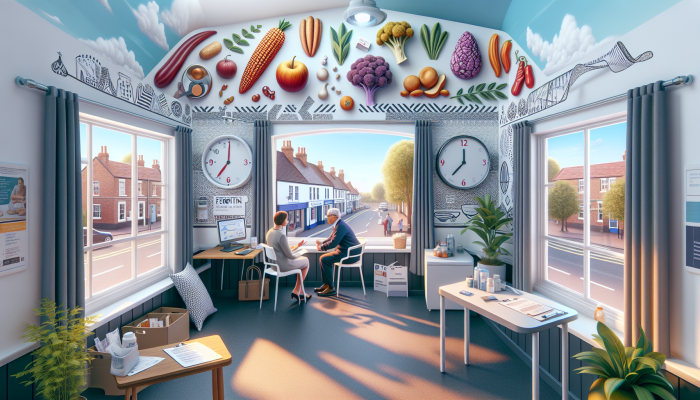 A patient and GP discussing ferritin test benefits in a serene Alfreton clinic, surrounded by health charts and iron-rich food illustrations.