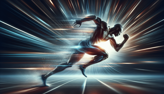 Creatine for Sprint Training: Sprinter dashing on track, muscles powered by creatine boosting ATP, dynamic blurred background.