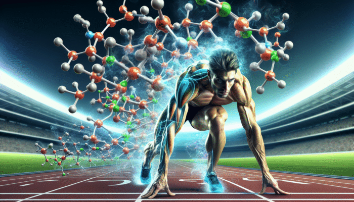 A sprinter at the starting line with creatine molecules, focused on a blurred track.