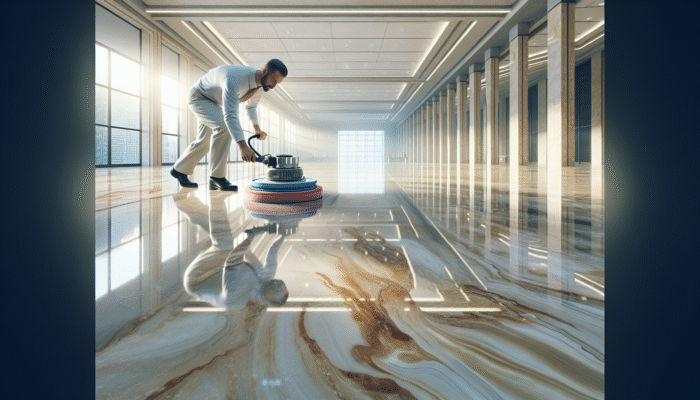A professional polishing a travertine floor in Glasgow with diamond pads, enhancing its shine and durability.