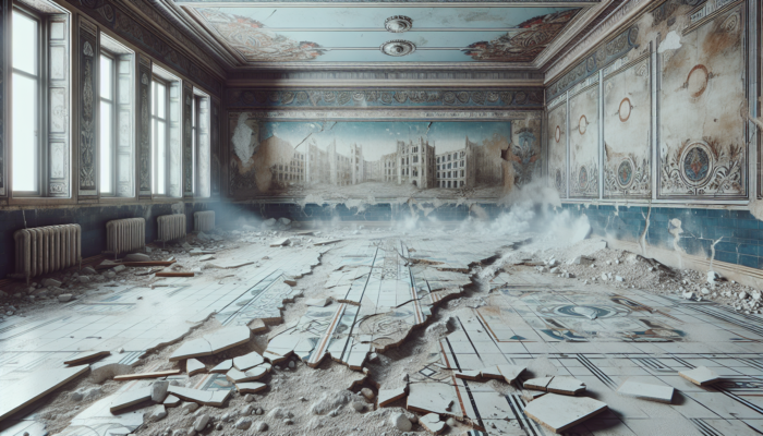 Cracked and chipped floor with white efflorescence dust, indicating areas for tile and mortar repairs.