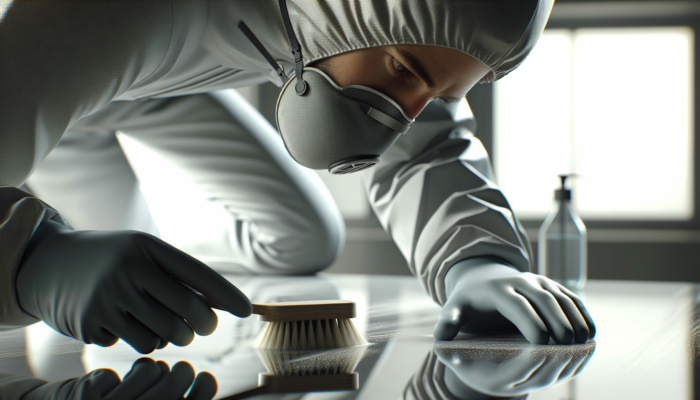 A person in gloves scrubbing a surface with a soft brush and alkaline solution, lifting dirt without damage.