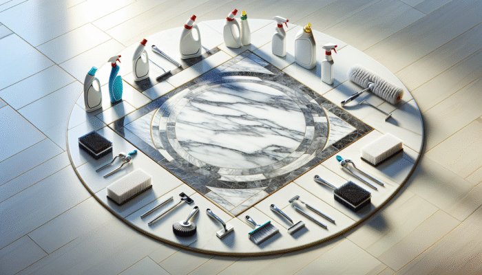 Polished marble floor with five cleaning tools and affordable products in a modern room.