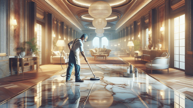 A person polishing a luxurious marble floor with affordable tools, reflecting an elegant room.