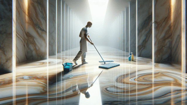A person maintaining a luxurious marble floor with affordable cleaning tools.