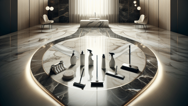 Luxurious marble floor with five cleaning tools, showcasing affordable maintenance techniques.