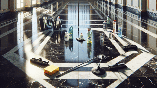 A luxurious marble floor being cleaned and polished, reflecting a warm glow, with affordable cleaning tools around.