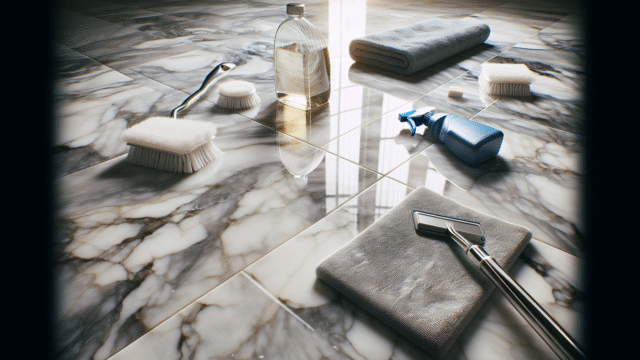 Luxurious marble floor with soft sheen, cleaned using microfiber cloths, mild soap, and floor polisher.