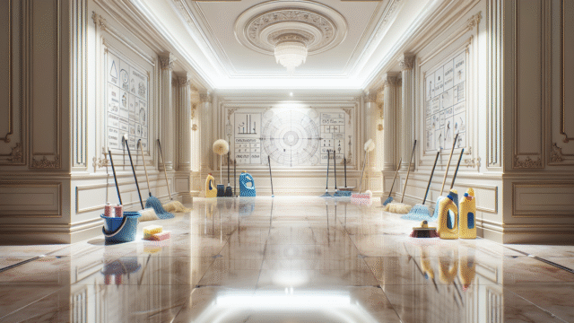 Luxurious marble floor with cleaning tools and affordable solutions in an elegant room.