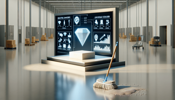 Industrial diamond tools and low-moisture scrubbers gently treating stone, creating a lasting shine, compared to a supermarket mop.