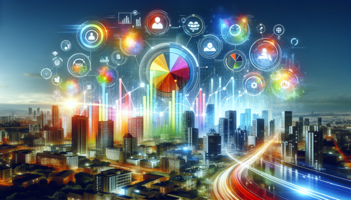 A colorful Bing business profile with graphs showing increased traffic and trust, set against a bustling cityscape.