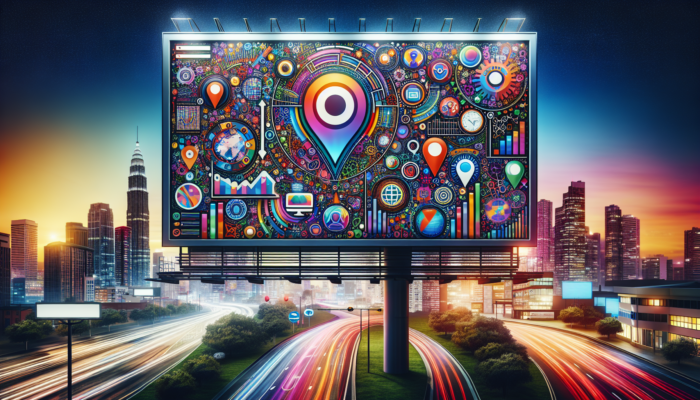 A vibrant digital billboard with "Boost Your Local SEO with Bing My Business" and SEO icons against a cityscape at dusk.