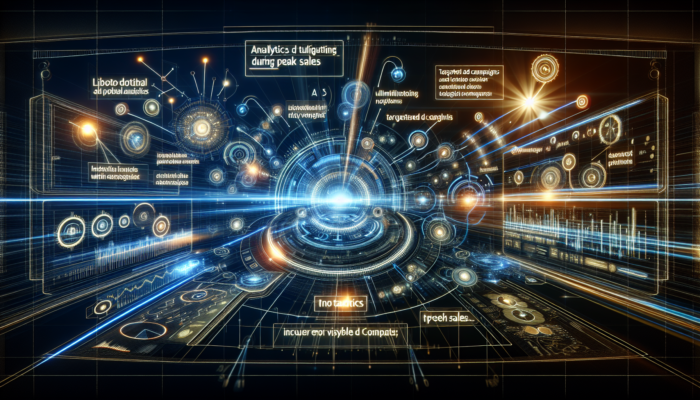 Futuristic interface of Bing Places for Business with Bing Ads, showing analytics and targeted campaigns during peak sales.