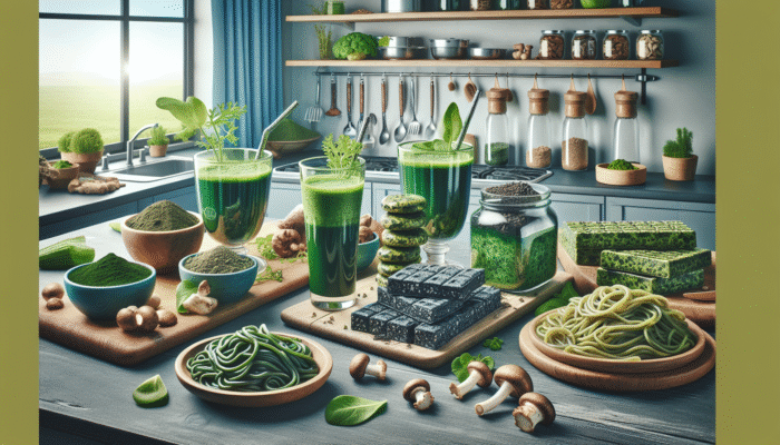 Dishes made from algae and fungi, including spirulina smoothies, energy bars, and pasta, in a modern eco-friendly kitchen.