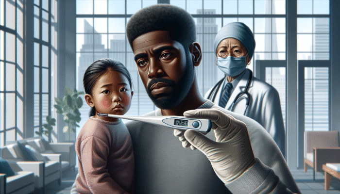 Digital thermometer showing fast reading, parent checking child's temperature, doctor in background, modern home.