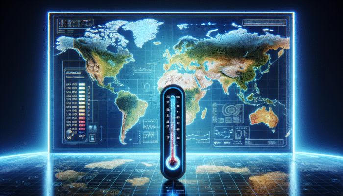 Digital thermometer on global map, showing consistent readings across climates for standardized healthcare monitoring.