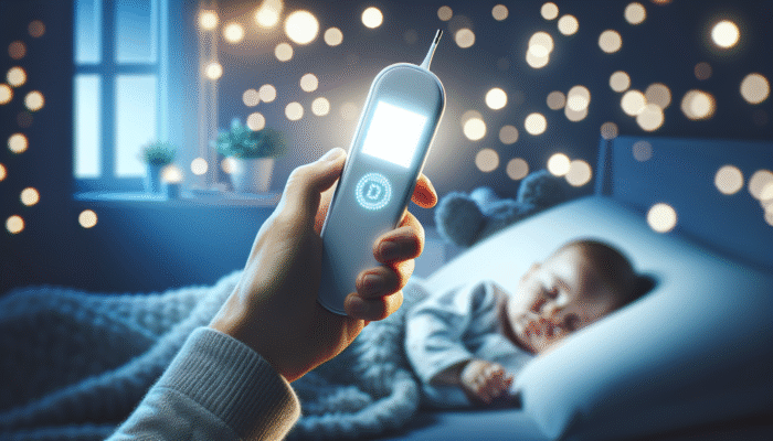 A digital thermometer with a large, backlit screen showing temperature, held by a parent checking a sleeping infant at night.