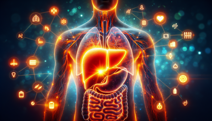 Advanced Liver Blood Test in Kidsgrove: A glowing liver within a human body, surrounded by digestion, detoxification, and health symbols.