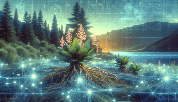 Adaptogens and Cortisol Studies: A serene landscape with glowing herbs and roots like Rhodiola Rosea, symbolizing adaptogens, against ancient cultural symbols.