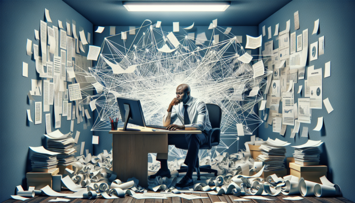 A frustrated business owner looks at a suspended Google Business listing on a computer, surrounded by documents and notes.