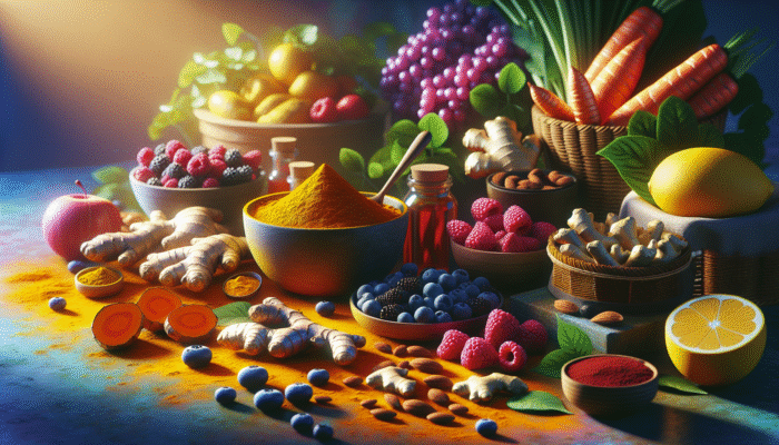 Turmeric, ginger, berries, leafy greens, and nuts on a kitchen counter, bathed in warm light.