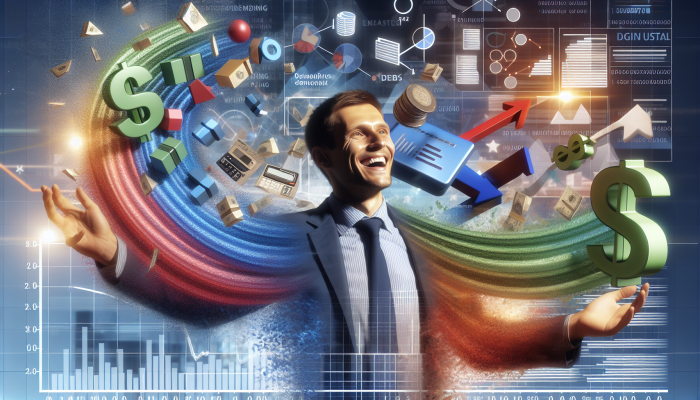 Debunking Debt Consolidation Horror Stories: UK Myths Busted | DCL Person in the UK smiling, consolidating debts into one loan, symbolized by merging colorful streams into a clear river, with financial charts.