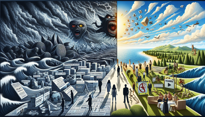 Debunking Debt Consolidation Horror Stories: UK Myths Busted | DCL Split image: dark left with exaggerated debt horror stories, bright right showing calm, effective debt consolidation.