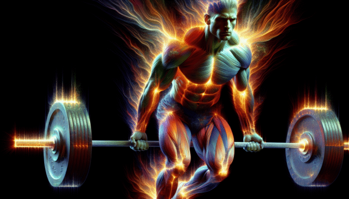 Athlete lifting weights, energized by caffeine's focus-enhancing aura.