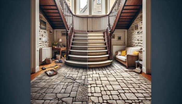 A cross-section of a well-levelled versus an uneven stone floor in an Edinburgh home, highlighting durability and maintenance issues.