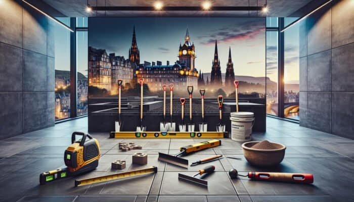 A workspace in Edinburgh with floor leveling tools and stones for installation.