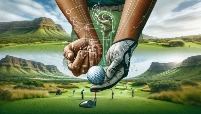 A South African golfer showcasing grip techniques on a lush course, emphasizing finger positioning and grip pressure.