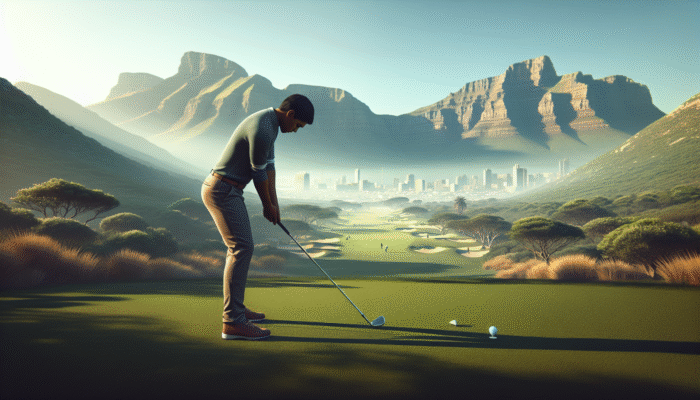 A golfer on a South African course using a club and natural surroundings for alignment, enhancing shot precision.