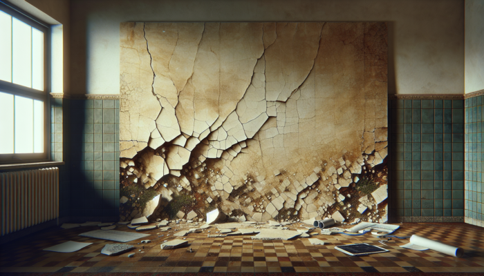 Cracked travertine tiles showing substrate damage and loose sections, indicating foundational issues.
