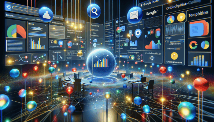 A vibrant digital workspace showing real-time collaboration on Google Docs, Sheets, and Meet with colorful graphs and chat bubbles.