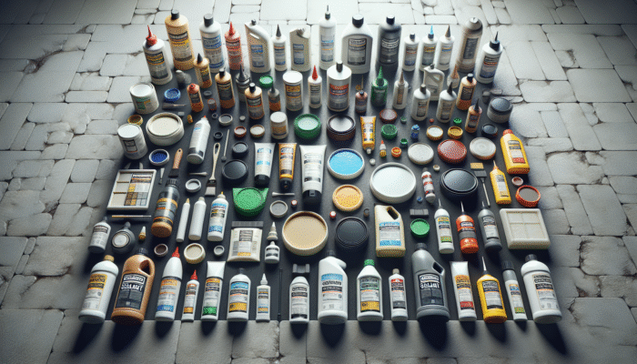 A variety of sealant bottles on a stone floor, showing different textures and uses.