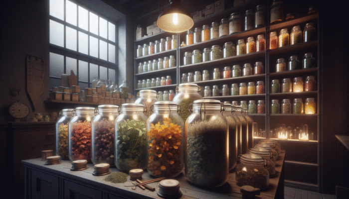 Glass jars with tight seals holding vibrant, dried herbs in a dimly lit pantry.