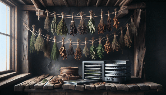 Bundles of herbs hanging from a wooden beam in a rustic kitchen, with a dehydrator nearby.